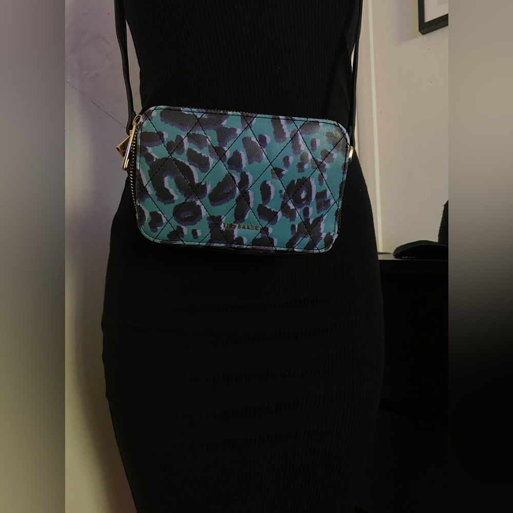 Ted Baker ,small crossbody double zipper bag , blue cheetah print